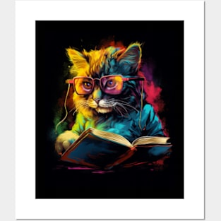 Cat Reading Book Colorful Cute Cat Cats Lover Posters and Art